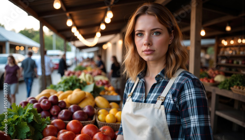 A woman with wavy brown hair, wearing a plaid shirt and apron, stands confidently at a vibrant produce market.