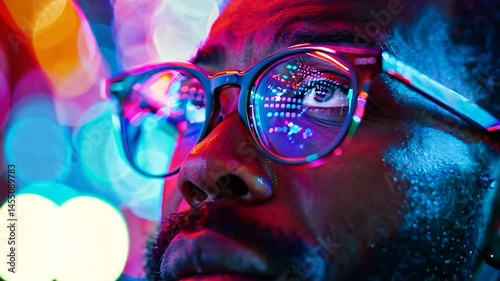 Person with eyeglasses colorful neon light reflections close up