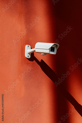 Security camera mounted on textured orange wall, casting shadows. Focus on surveillance and protection. Modern technology for safety.