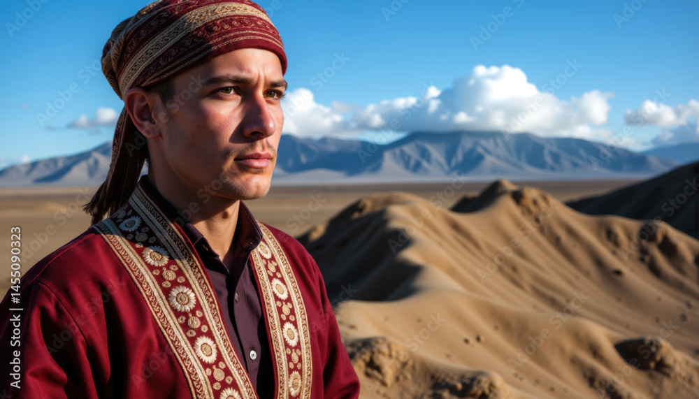 A man from Central Asia, wearing a traditional embroidered hat and jacket, stands in a desert with mountains in the background.