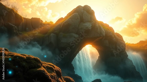 Ethereal Rock Arch: Witness nature's artistry in a captivating composition. A natural rock arch frames a cascading waterfall. bathed in the soft glow of sunset.