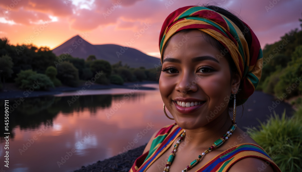 A Mauritian woman with a colorful headscarf and vibrant dress stands by a tranquil lake at sunset.