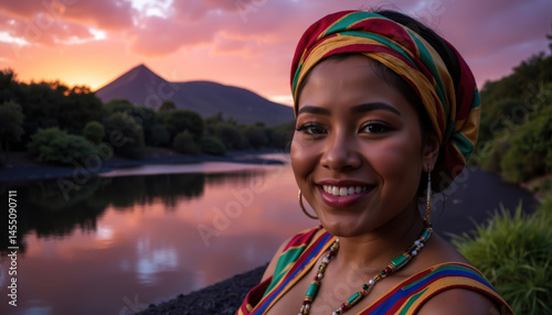 Obraz na płótnie A Mauritian woman with a colorful headscarf and vibrant dress stands by a tranquil lake at sunset. w salonie
