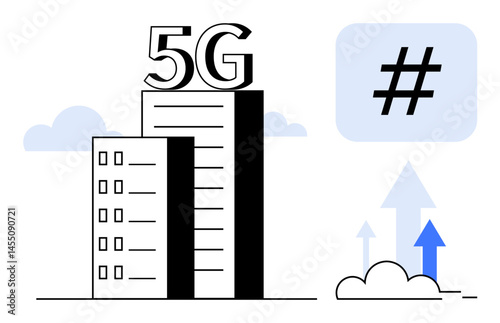Tower labeled 5G, metadata tag symbol, cloud, and upward arrows reflect connectivity, speed, and growth. Ideal for technology, communication, innovation network coverage internet business simple