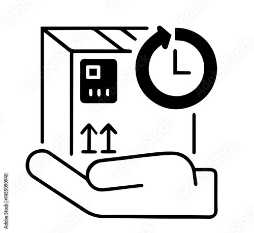 hand holding a package with a clock symbol. company, organization, restaurant offering fast, reliable, careful delivery service to customers, punctual logistics, customer satisfaction, return manageme