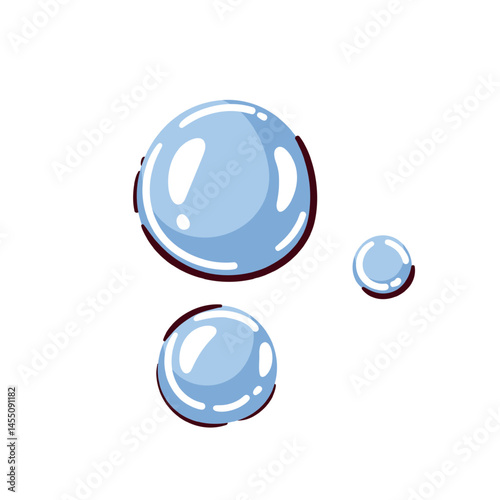 Cartoon doodle style blue soap bubbles with glossy highlights. Vector illustration of soap bubbles for cleaning, hygiene, bath, kids print, or bathroom design