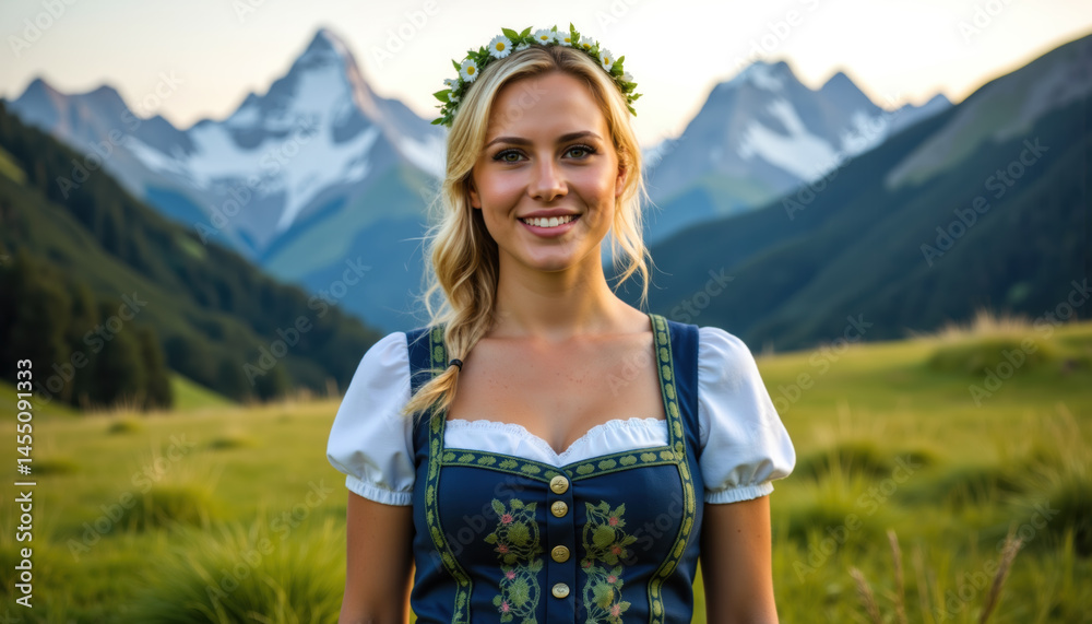 A woman from Germany, wearing a traditional dirndl with a floral wreath in her blonde hair, stands in a lush alpine meadow with snow-capped mountains in the background.
