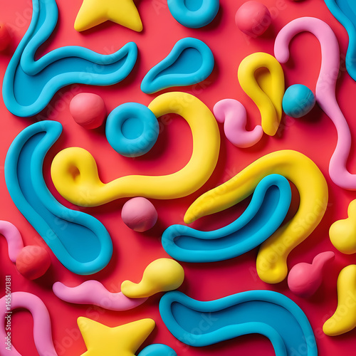 Brightly colored shapes and swirls create an engaging display against a bold red backdrop. This artistic arrangement invites creativity and imagination through playful design Generative AI