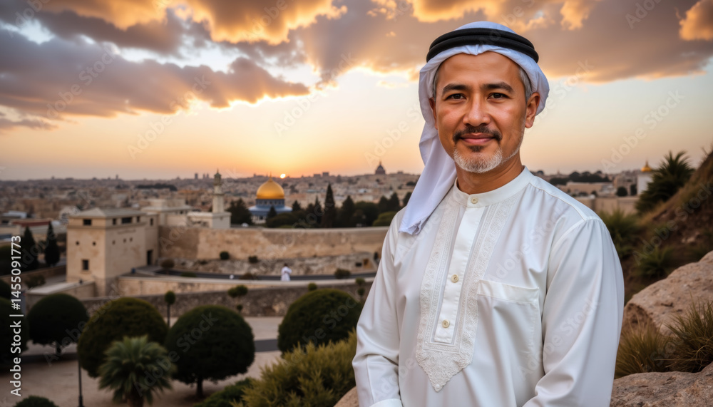 A Middle Eastern man wearing traditional white clothing and a headscarf stands in a lush garden with a historic cityscape behind him.