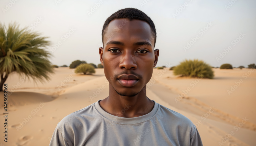 A young man with short hair and a gray t-shirt stands in a sandy desert with sparse vegetation, under a clear sky.