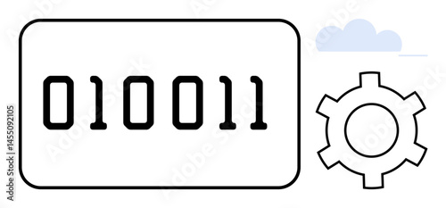 Binary code within a rectangular box, a gear for technology or system mechanics, cloud hinting at cloud computing or virtual systems. Ideal for tech, coding, cloud solutions, system development