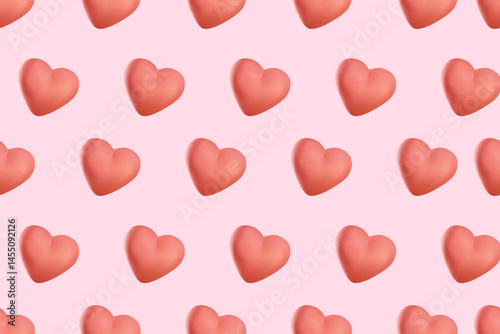 Seamless pattern with 3D cartoon cute hearts on pink background. Romantic print, textured elements. Seamless pattern made of red hearts. Vector illustration for Valentine's Day, baby shower, birthday