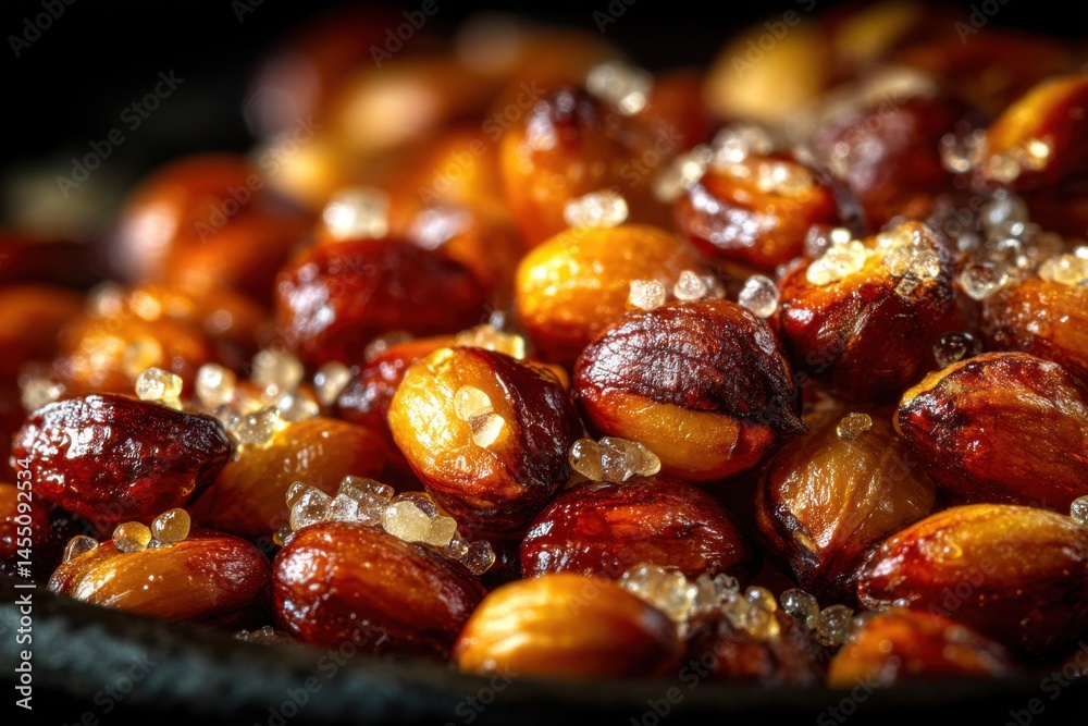 Close-up of pile of candied nuts with shiny sugar crystals against dark backdrop, suitable for confectionary or snack food concepts Close-up of pile of candied nuts with shiny sugar crystals against dark backdrop, suitable for confectionary or snack food concepts
