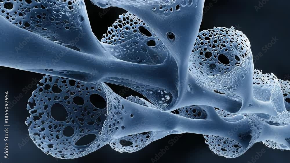 Blue intricate organic lattice structure with porous, cellular shapes against dark background, resembling microscopic formations and biological networks.