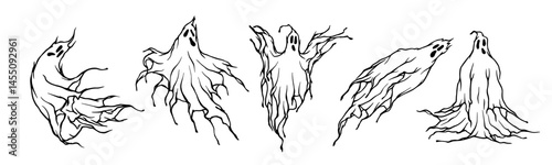 Set of sketches of creepy, scary ghosts. Halloween decoration. Vector graphics.
