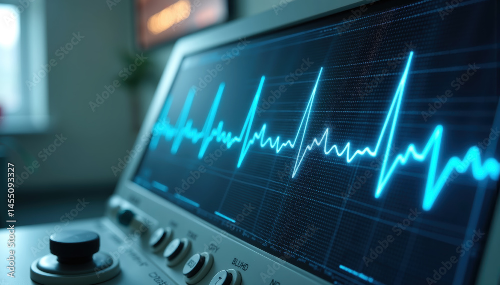 A medical monitor displaying a dynamic heart rate waveform, indicating cardiac activity in real-time.
