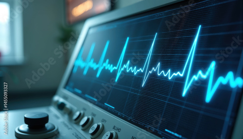 A medical monitor displaying a dynamic heart rate waveform, indicating cardiac activity in real-time.