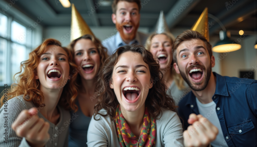 A lively group of friends wearing colorful party hats, celebrating and laughing joyfully in an indoor setting.