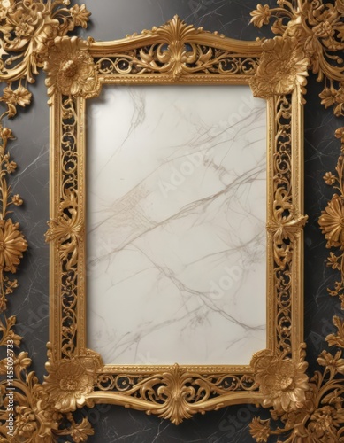 Golden filigree frame with floral motifs against polished marble  ,  scrollwork,  ornate,  shine