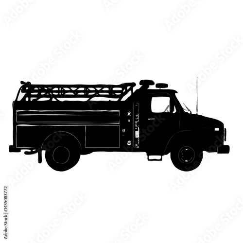 Vintage fire truck silhouette in black against a white background  