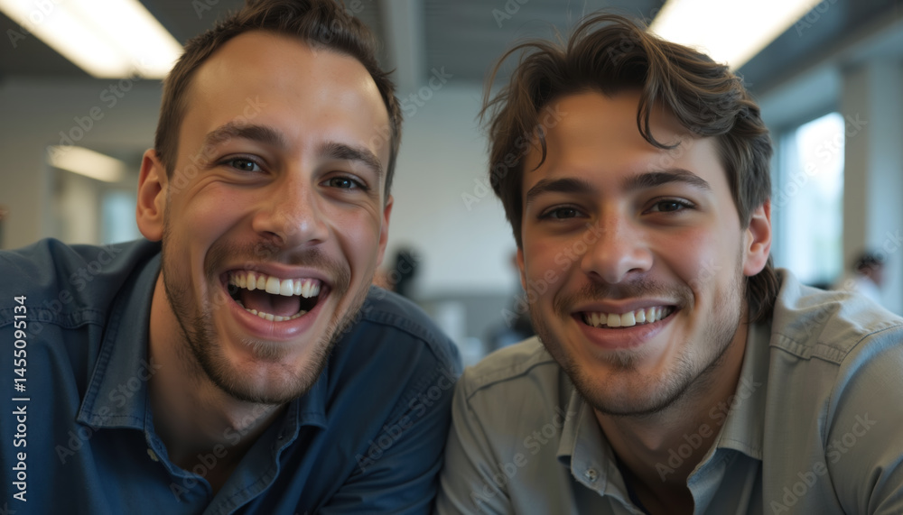 Two men smiling broadly in a professional office environment, enjoying a light-hearted moment together.
