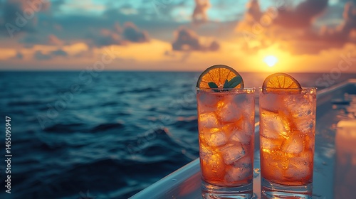 Two refreshing drinks at sunset over the ocean