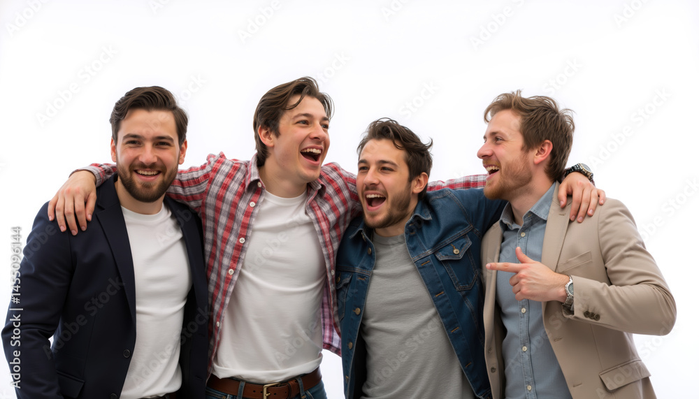 Four happy men laughing together, posing with arms around each other.