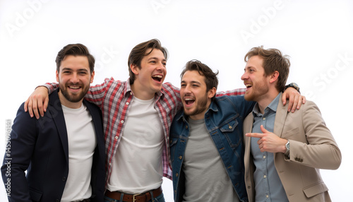 Obraz na płótnie Four happy men laughing together, posing with arms around each other. w salonie
