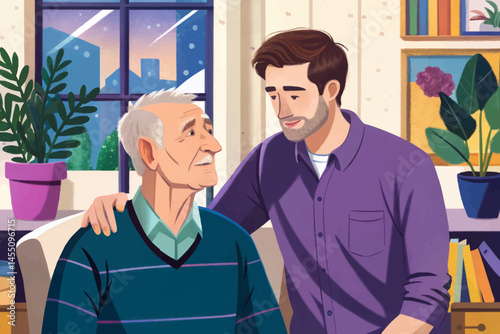 Caring young adult Caucasian son supporting and listening to his elderly father at home, expressing love, respect, and strong generational bond. Perfect for Father’s Day, aging parents, and family