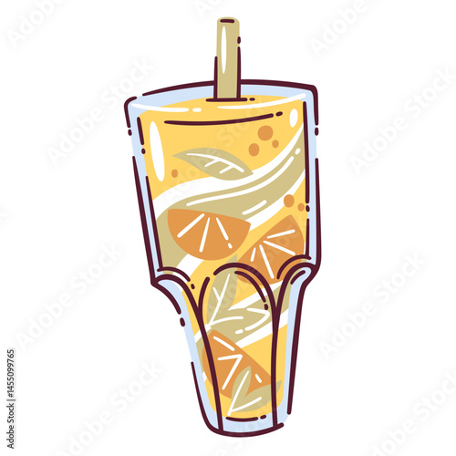 Lemonade glass doodle, tall cup filled with yellow lemonade, citrus slices, mint leaves, and straw. Bright and fresh lemonade glass vector illustration for summer or tropical themed designs.