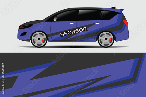 Stylish blue car with sponsor graphics on display