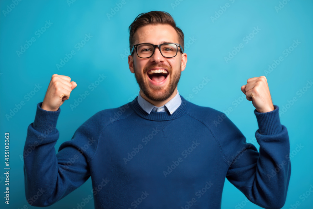 A joyful man with glasses and a beard, wearing a sweater, celebrating with raised fists.