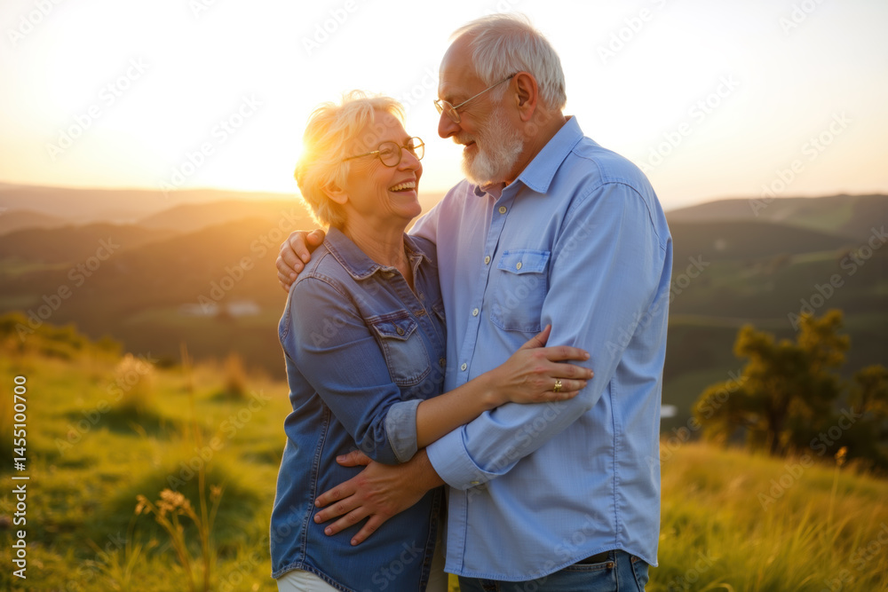 A heartwarming scene of an elderly couple embracing lovingly at sunset in a serene field.