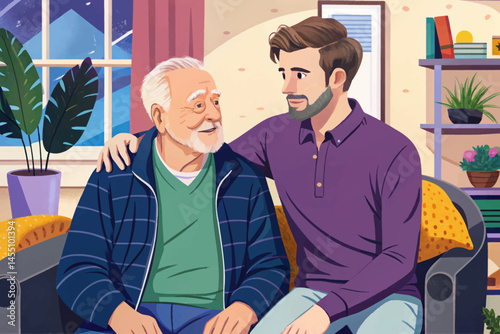 young adult Caucasian son supporting and listening to his elderly father at home, expressing love, respect, and strong generational bond. Perfect for Father’s Day, aging parents, and family