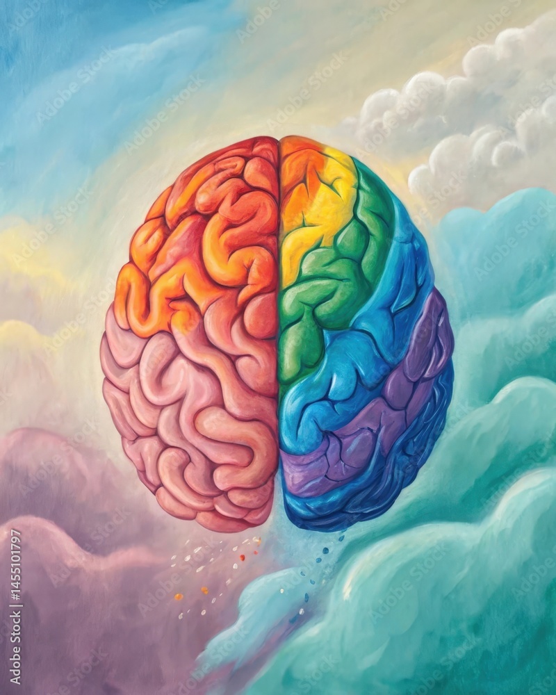 A brain split into vibrant sectionscreativity logic and emotiondemonstrating the integration of different cognitive functions for a wellrounded psyche.