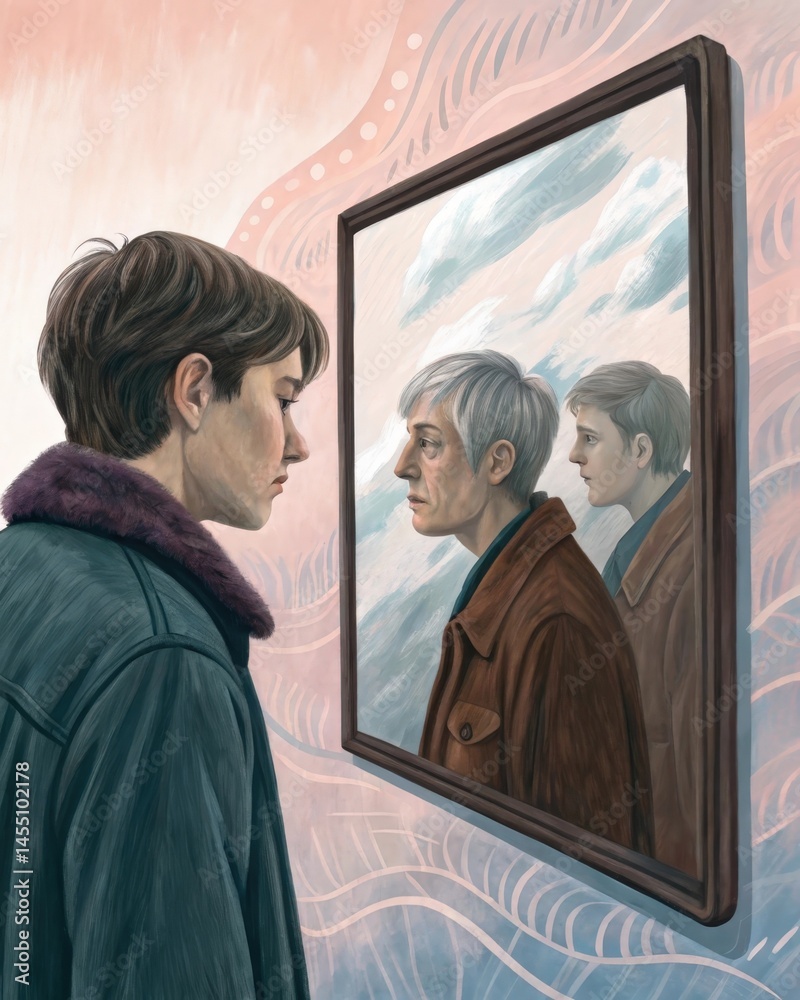 A person staring into a mirror with their reflection showing different ages and life stages illustrating the evolving nature of identity shaped by past experiences.