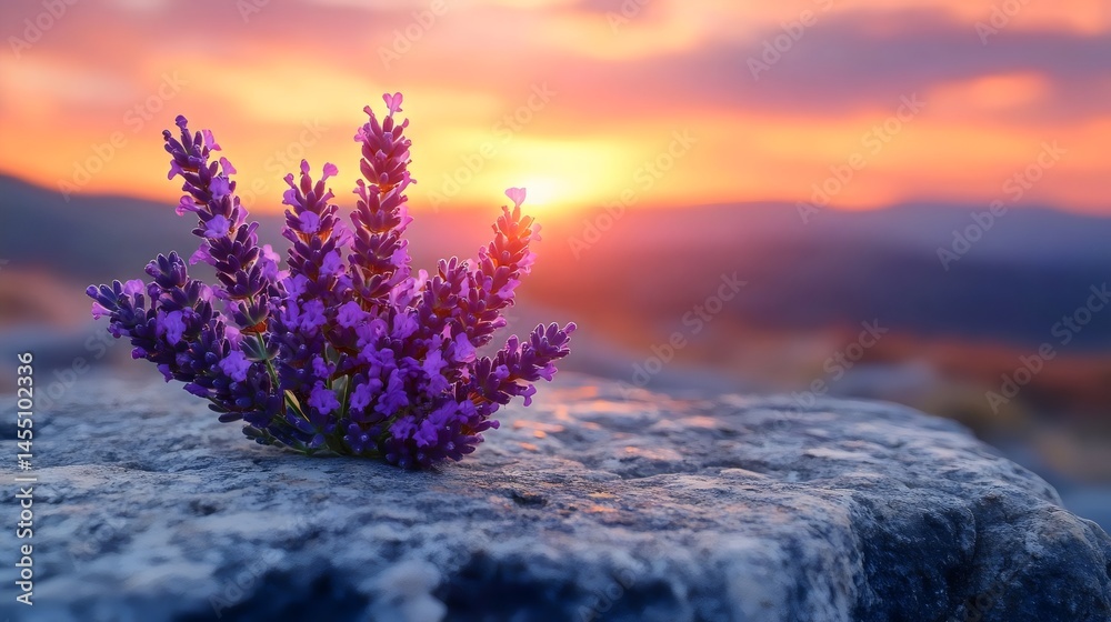 Fototapeta premium Beautiful lavender flowers resting on a stone, bathed in the warm glow of a sunset.