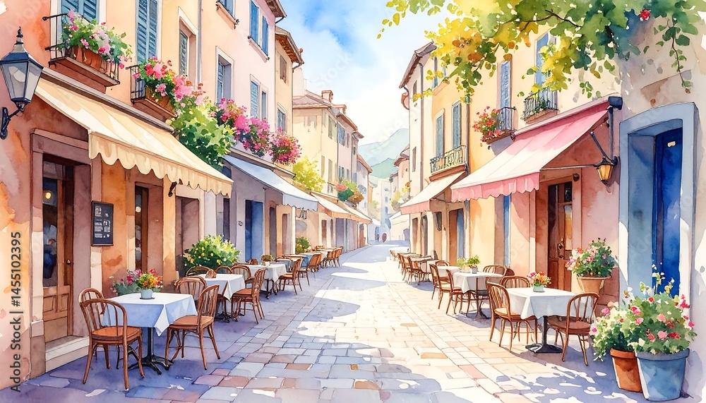 Fototapeta premium Sunny Street Cafe: European Village Watercolor Painting