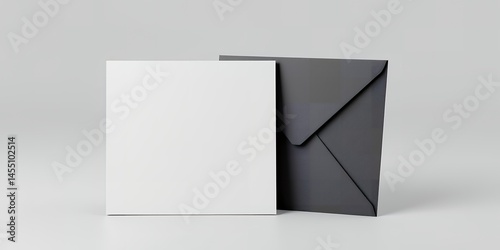 A square white card standing next to a dark gray envelope on a light gray background space
