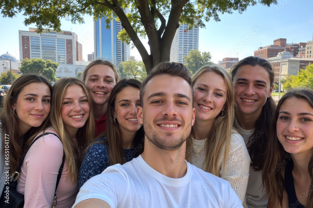 Seven people smiling under a tree in a city park with tall buildings in the background on a sunny day.