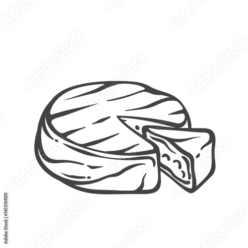 Round brie cheese with cut wedge in engraved doodle style. Hand drawn soft creamy cheese. Vector illustration for recipe, branding, or food packaging.