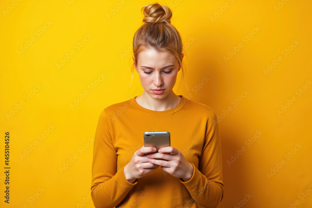A woman with a messy bun, wearing a mustard yellow long-sleeve shirt, is looking down at her phone with a concerned expression against a bright yellow background.