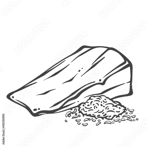 Hard parmesan cheese wedge with grated pile in engraved doodle style. Hand drawn dairy product. Vector illustration for recipes, food labels, or cooking design
