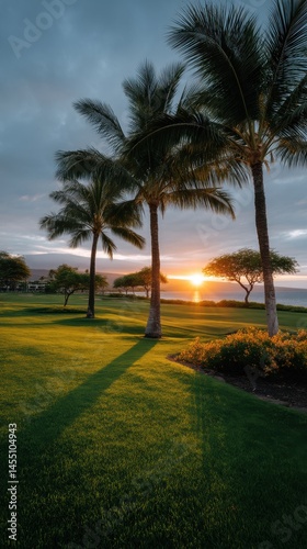 Coastal sunset shines through palm trees onto green lawn along ocean horizon at dusk