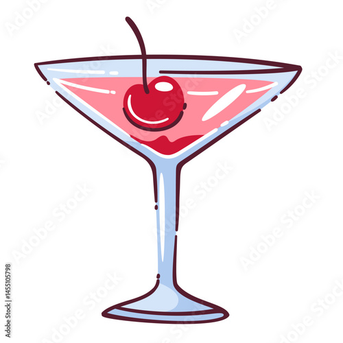 Martini cocktail glass doodle with pink liquid and cherry garnish. This cocktail vector illustration features classic martini glass in outline cartoon style, for bar menus or party stickers.