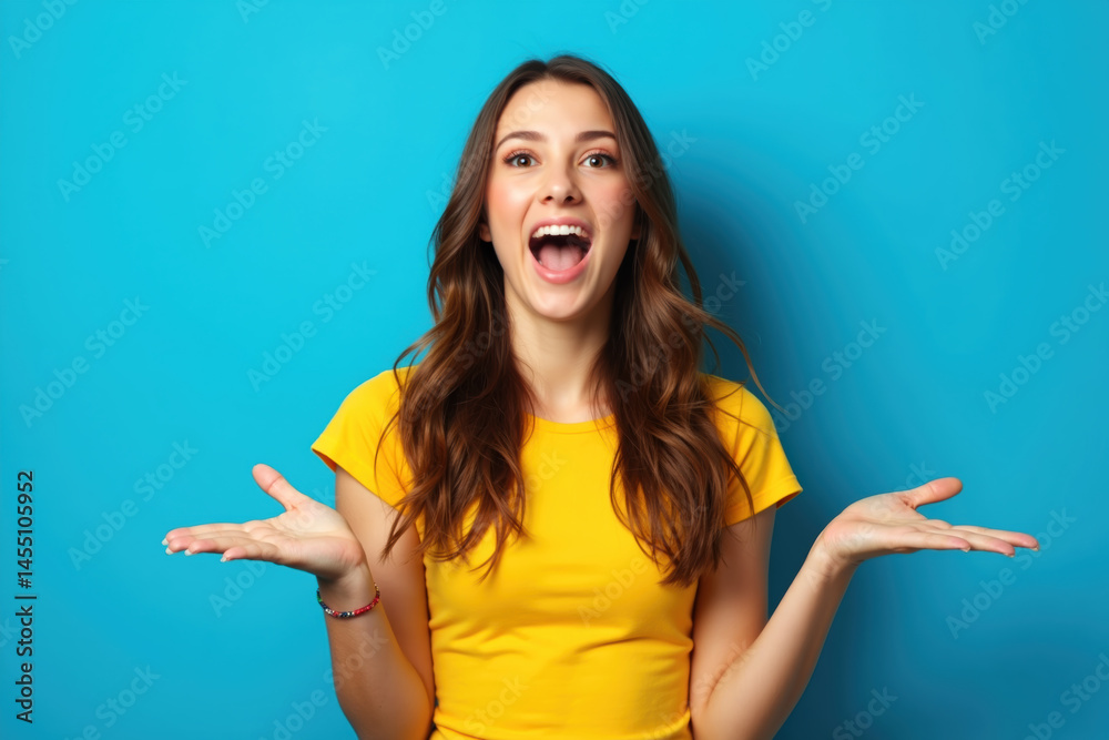 A happy, surprised woman with long brown hair, wearing a yellow shirt, against a blue background.