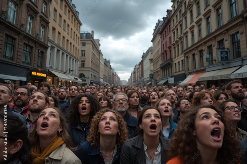 A diverse group of people gathered in a narrow city street, looking upwards with expressions of surprise and anticipation, surrounded by tall buildings and shops.