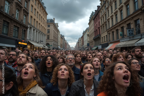 A diverse group of people gathered in a narrow city street, looking upwards with expressions of surprise and anticipation, surrounded by tall buildings and shops.