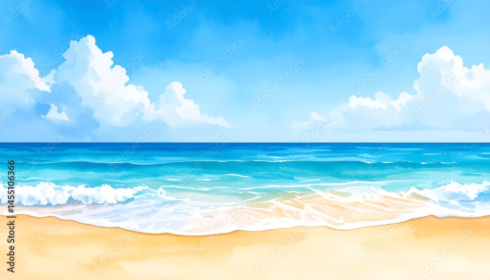 Fototapeta premium Serene Beach Scene: Ocean Waves, Sandy Shore, Blue Sky