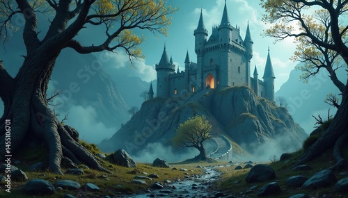 Crumbling castle, gnarled branches, cauldron bubbling, twisted, bog, green